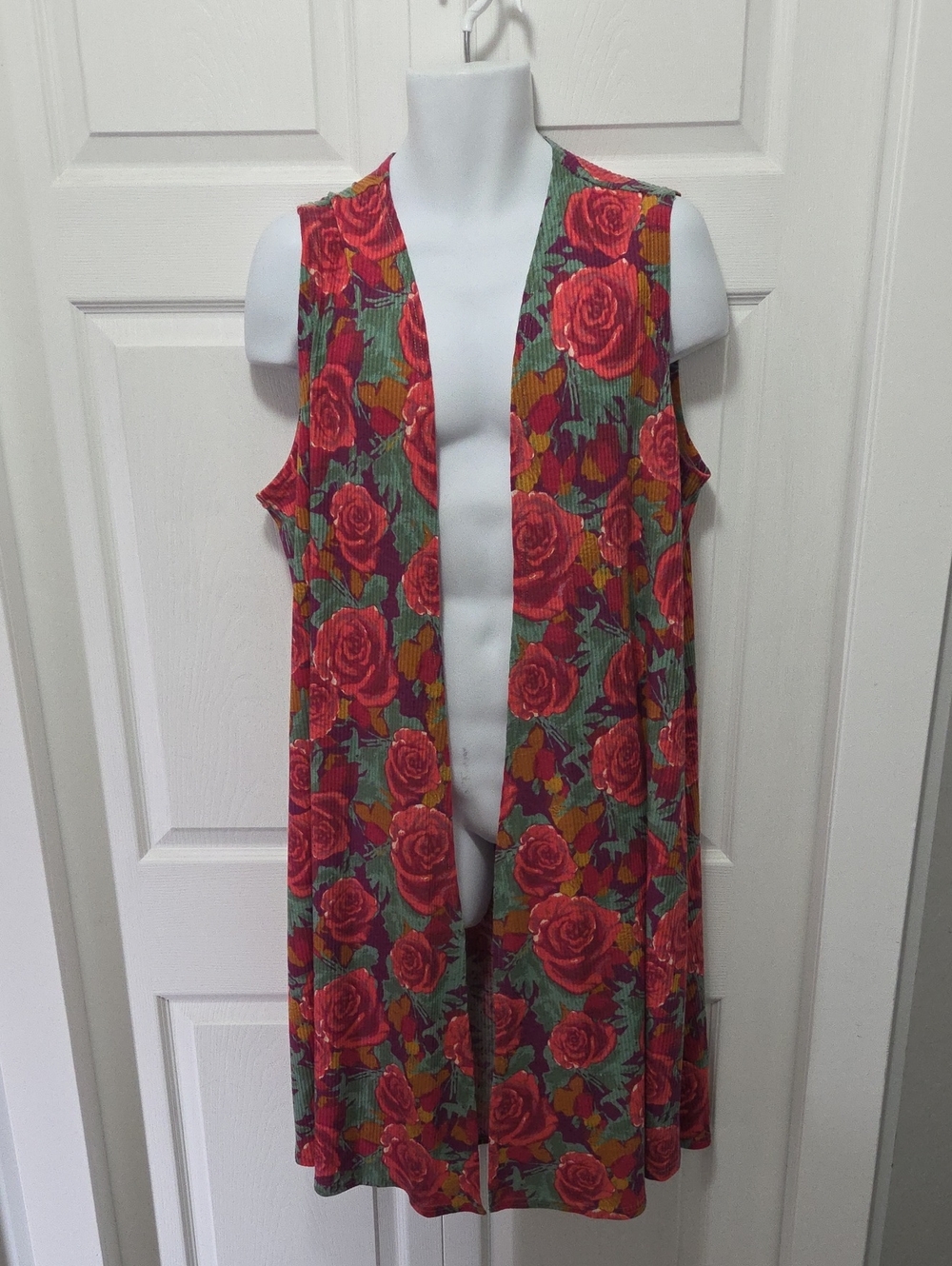 LuLaRoe XL Floral Red Rose Open Front Sleeveless Duster
